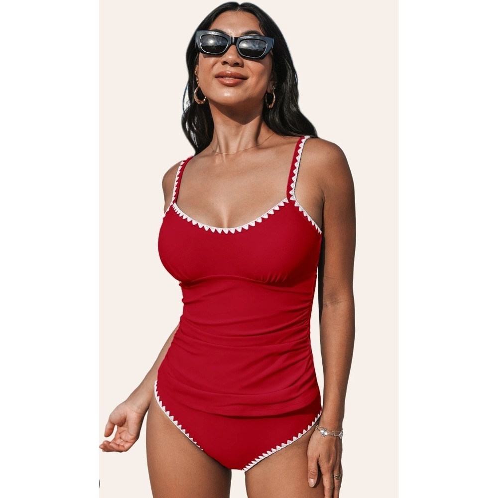 NWT CUPSHE Red Large Tankini Set Two Piece Scoop Neck Tummy Control Shell Stitch